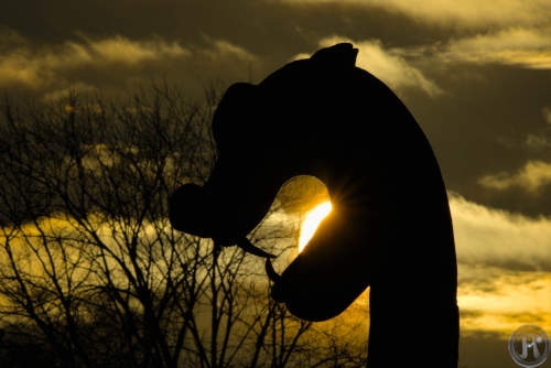 le soleil se couche dans la gueule d'une proue de drakkar